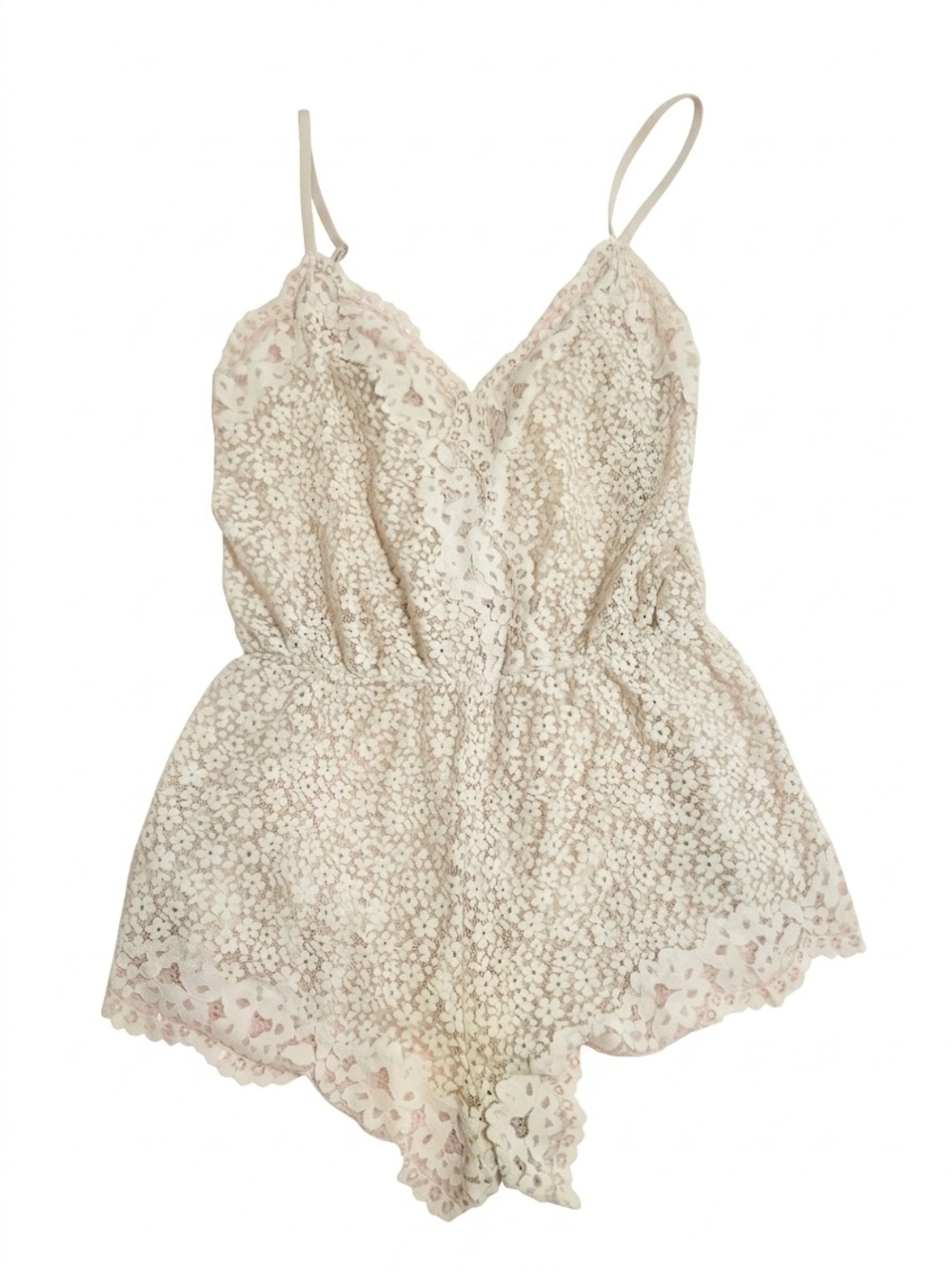 Victoria's Secret Pink Sheer Lace Cami Romper with Scalloped Trim